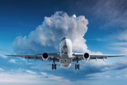 A global airplane flying through a cloudy sky.